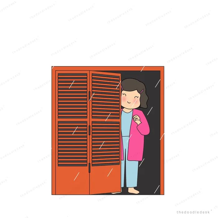 Two people standing close together in a doorway with orange shutters