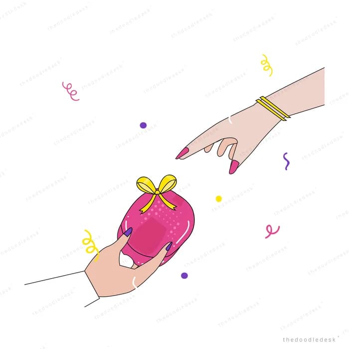 One hand offering a small pink gift pouch to another reaching hand amid confetti