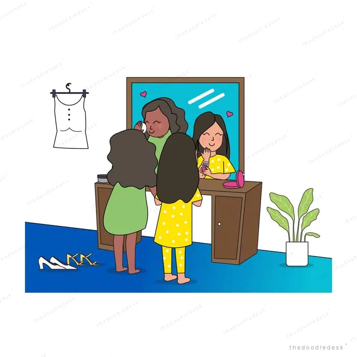 Women and a girl getting ready at a wooden dressing table with a large mirror