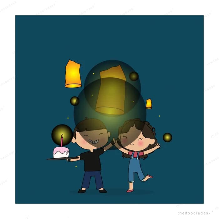 Two children holding small lanterns in front of a large glowing lantern in the dark
