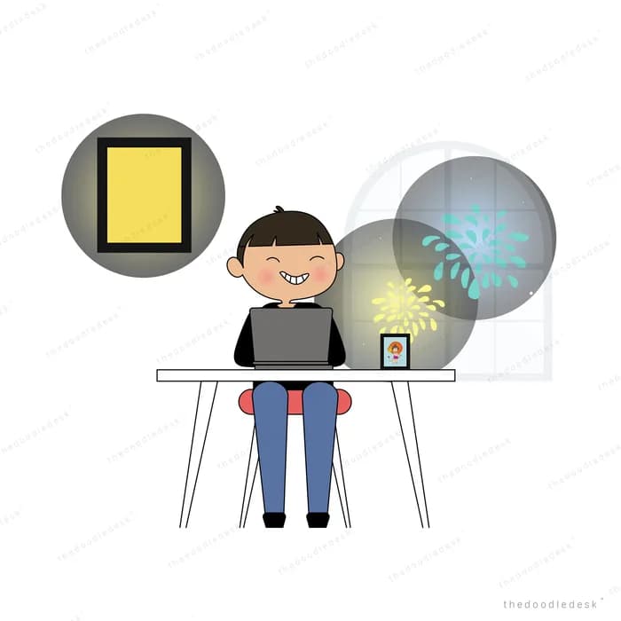 Boy working at a laptop on a white desk surrounded by floating icon bubbles