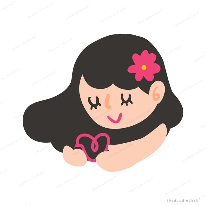 Long-haired girl with a flower in her hair cupping a pink heart in her hands