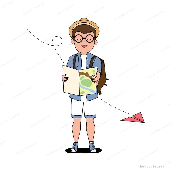 Boy in glasses and a backpack holding an open map with a paper plane flying past