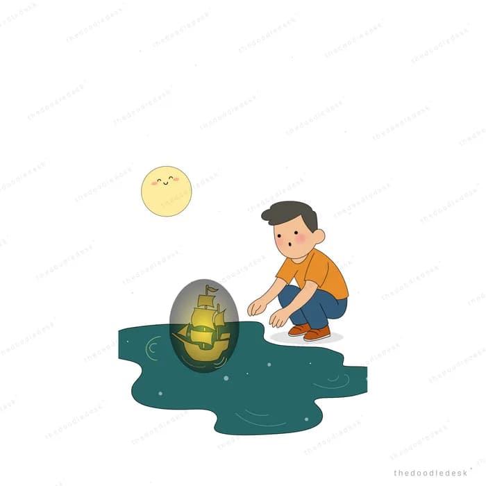 Boy kneeling beside a dark pool reaching for a glowing lantern under a sad moon
