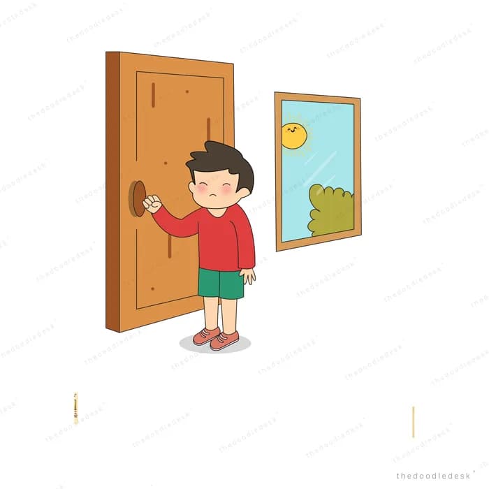 Boy knocking at a wooden front door beside a window