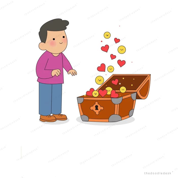 Man standing beside an open treasure chest spilling hearts and smiling coins