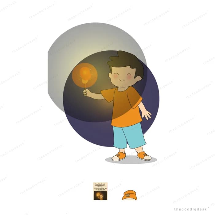 Boy holding a lit candle inside a dark round cave