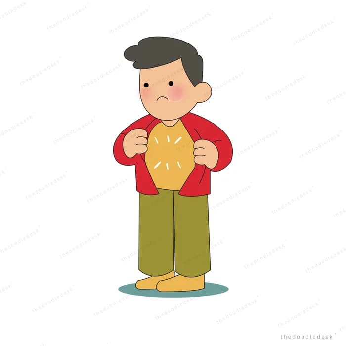 Man opening his red cardigan to look down at his own chest
