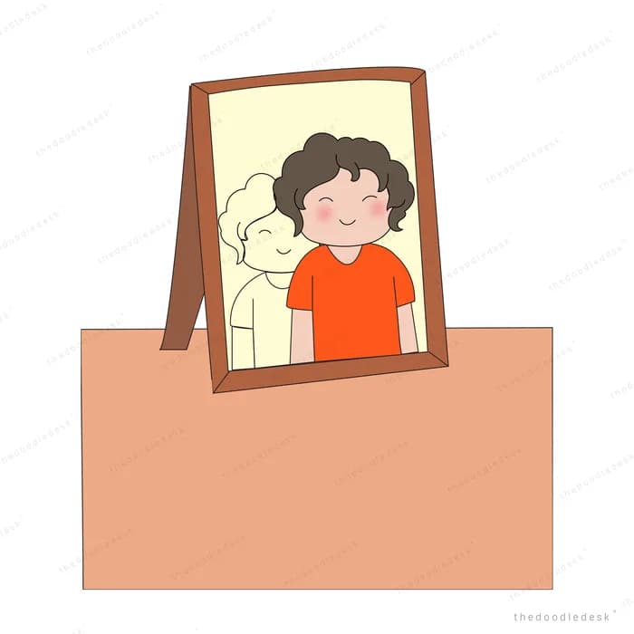 Framed portrait of a boy standing on a peach panel with a sketch behind him