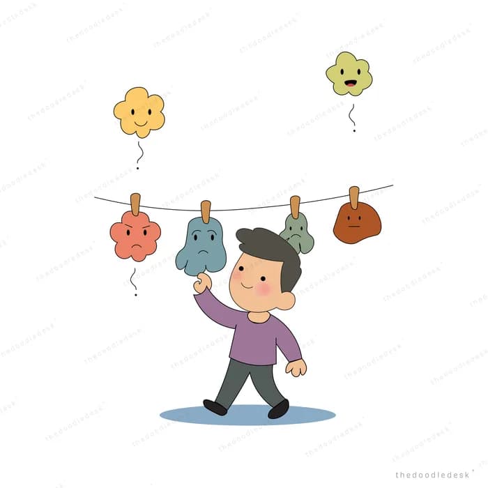Man walking beneath a washing line of pegged cloud shapes and balloon faces