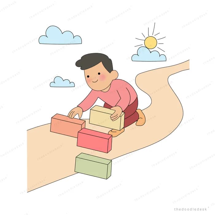 Boy laying coloured blocks to build a path across a gap under sun and clouds