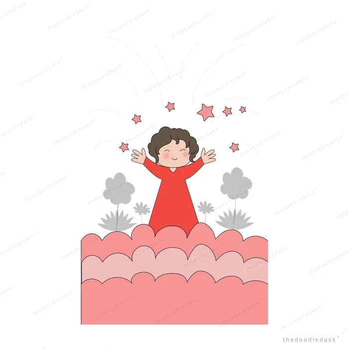 Girl standing on a large pink cake with arms raised amid confetti