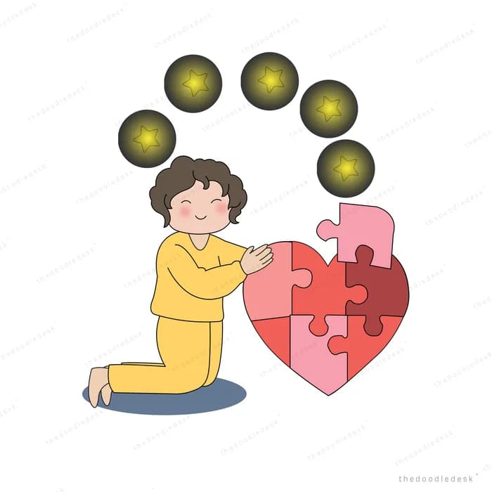 Girl kneeling to fit pieces into a red heart jigsaw puzzle under an arc of glowing orbs
