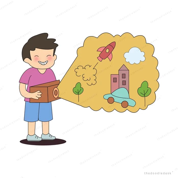 Boy holding an open book with a rocket, houses and trees rising from the pages