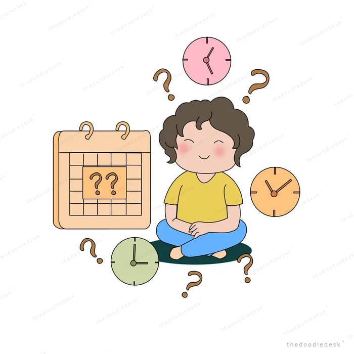 Boy sitting cross-legged surrounded by clocks, a calendar and question marks