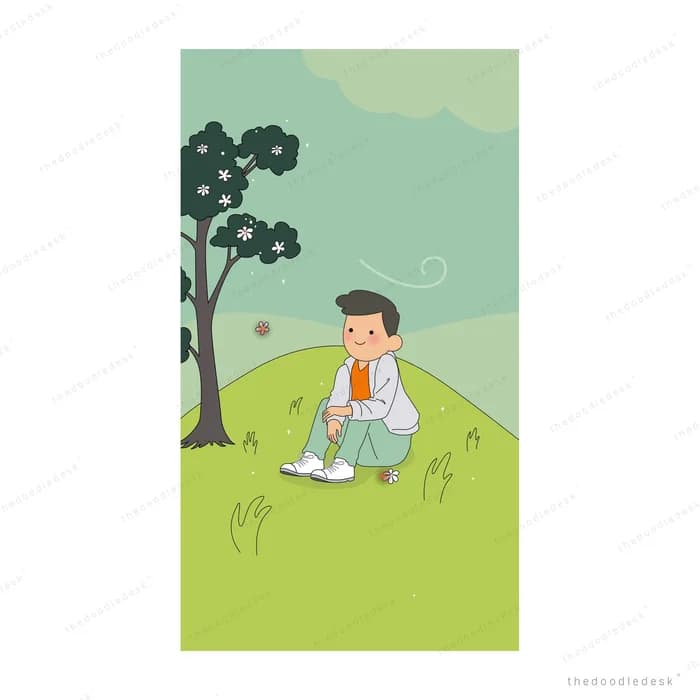 Boy sitting on a green hill under a leafy tree in spring