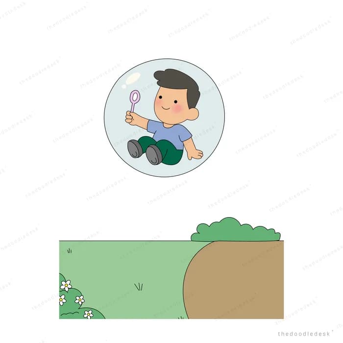 Boy sitting curled inside a transparent bubble above a green field