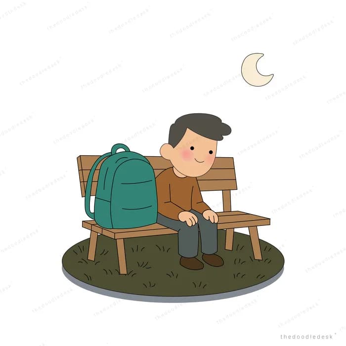 Man sitting alone on a park bench with a large backpack under a crescent moon