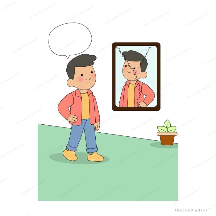 Man talking to his reflection in a framed mirror beside a potted plant