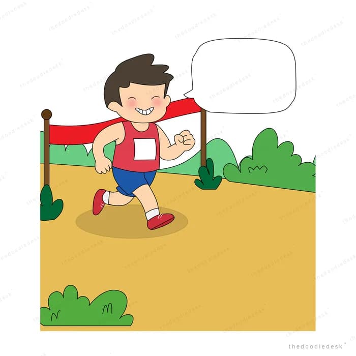 Boy running through a finish line ribbon with an empty speech bubble