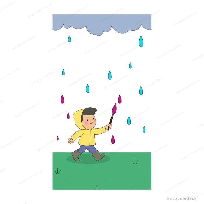 Boy in a yellow raincoat catching colourful raindrops falling from a cloud