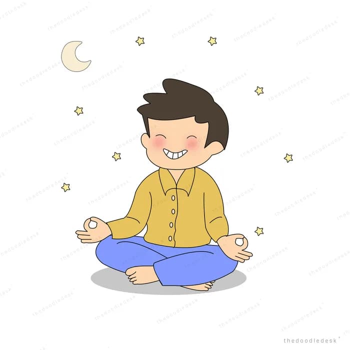 Man sitting cross-legged meditating under a crescent moon and stars