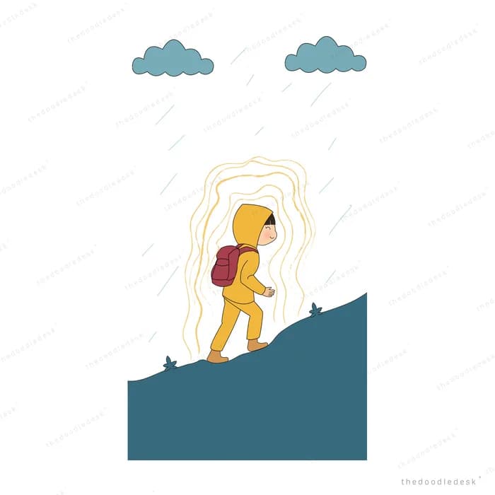 Small figure with a backpack climbing a dark blue slope in a beam of light