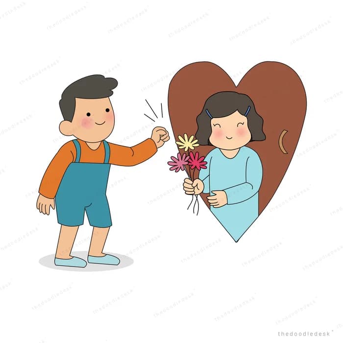 Boy handing a bunch of flowers to a girl in front of a large brown heart