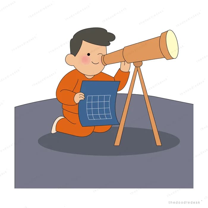 Man kneeling to look through a telescope with a star chart beside him