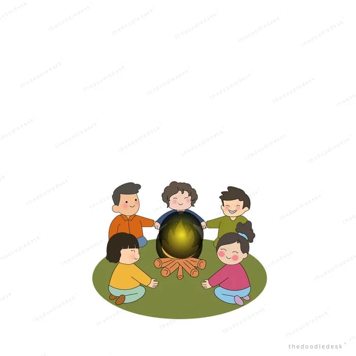 Children sitting in a circle around a campfire on the grass