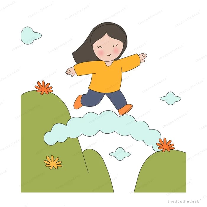 Girl leaping across a cloud bridge between two green cliffs