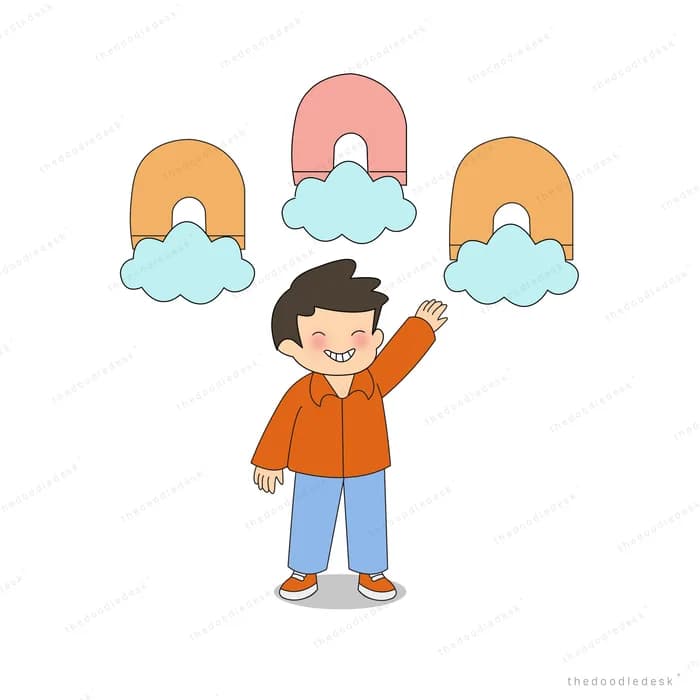 Boy reaching up toward rainbow arches resting on clouds