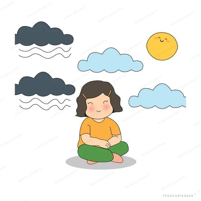 Girl sitting cross-legged between dark storm clouds and bright clouds with the sun