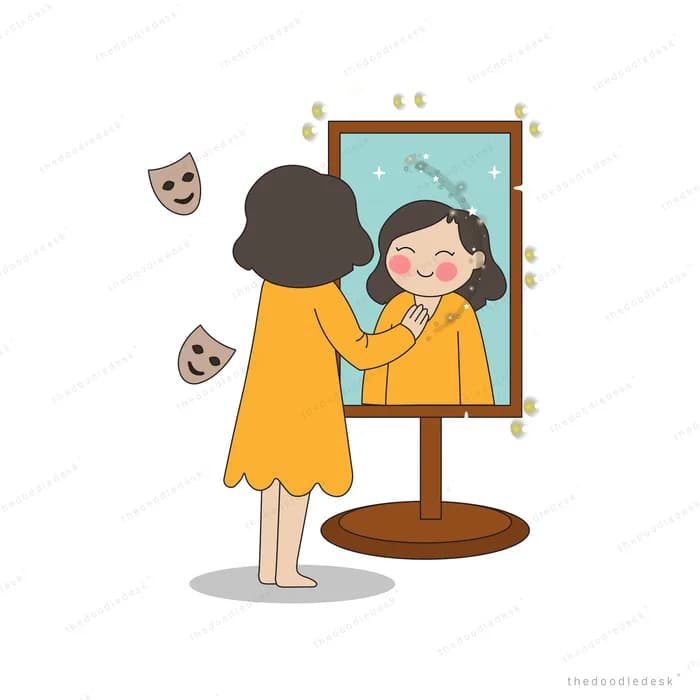 Woman at a lit vanity mirror with theatre masks floating beside her