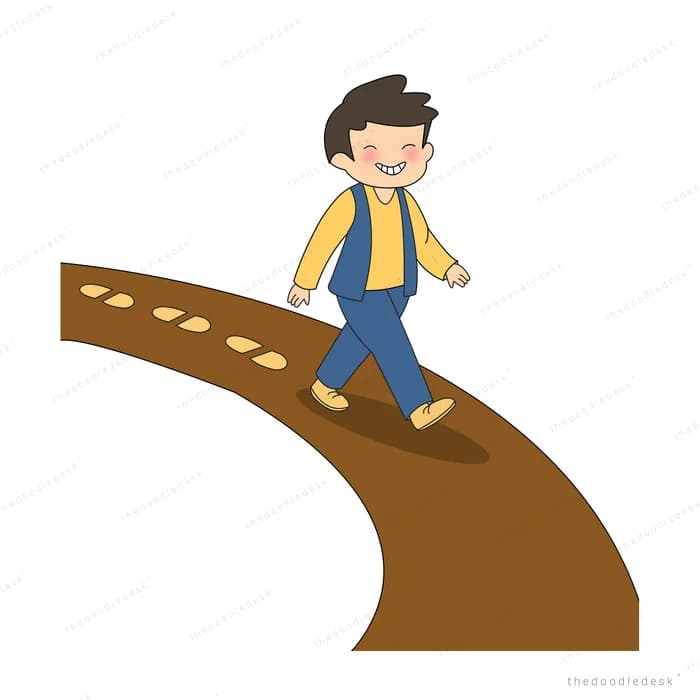 Boy walking along a curving brown path marked with footprints