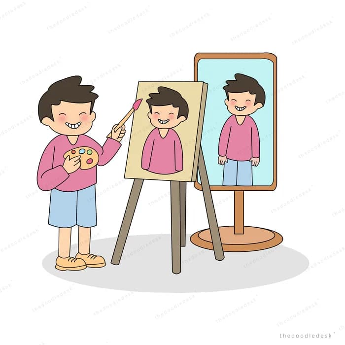 Boy painting his own portrait on an easel while checking a standing mirror