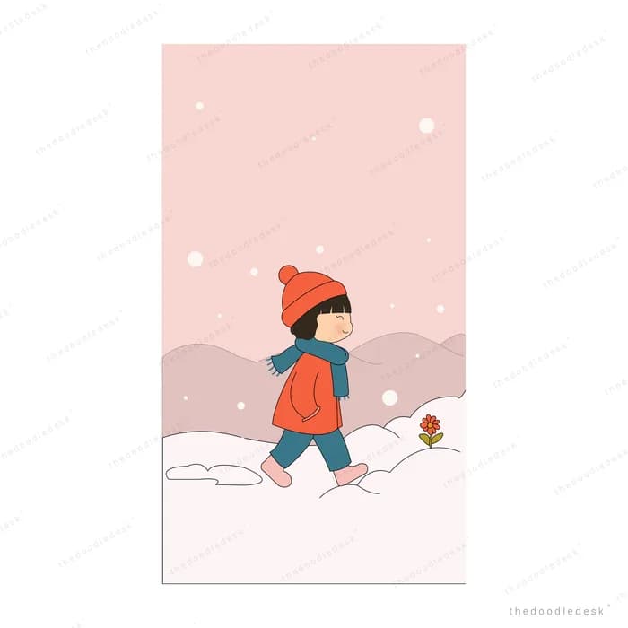 Child in a red coat and hat walking alone through pink snow