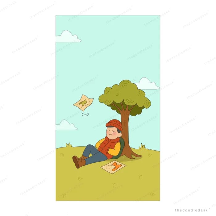 Boy reading a book under a tree on a grassy hill with a kite overhead