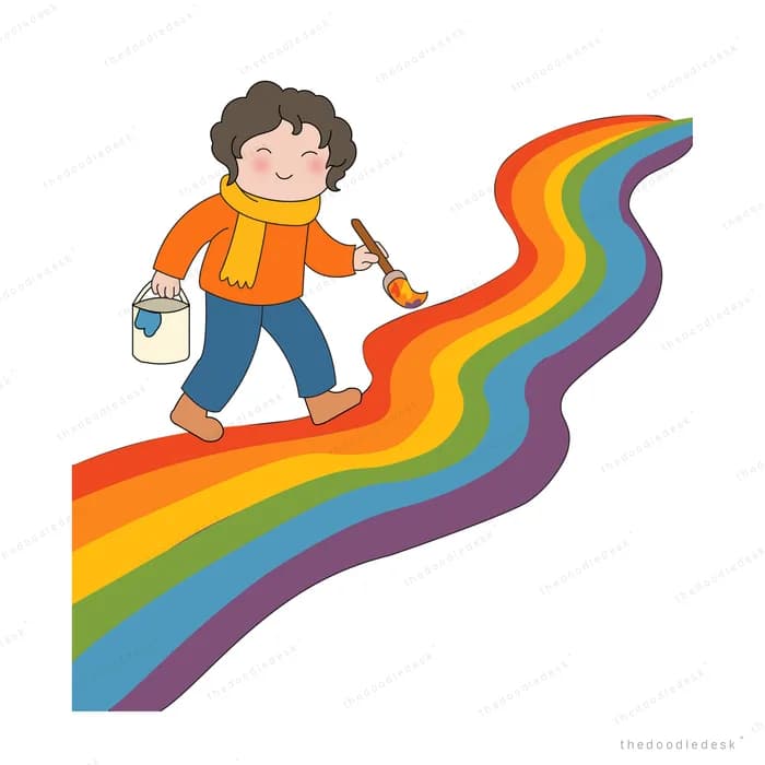 Boy walking up a rainbow while painting it with a brush and paint bucket