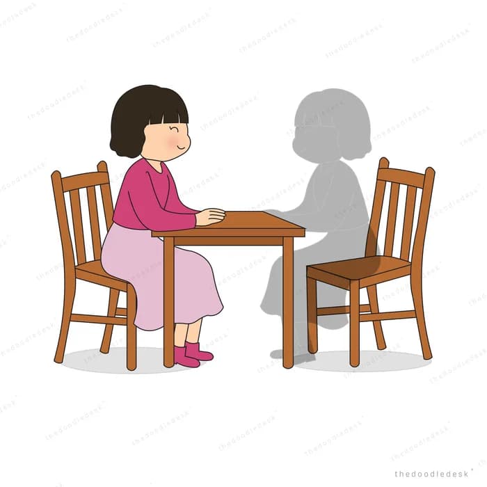 Girl sitting at a small table facing a grey shadow figure in the opposite chair
