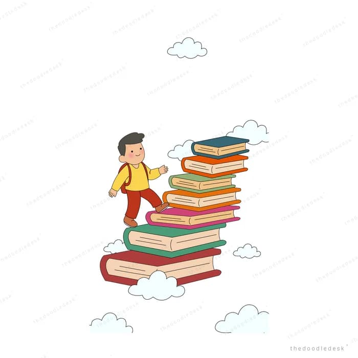 Boy with a backpack climbing a staircase of stacked books above the clouds