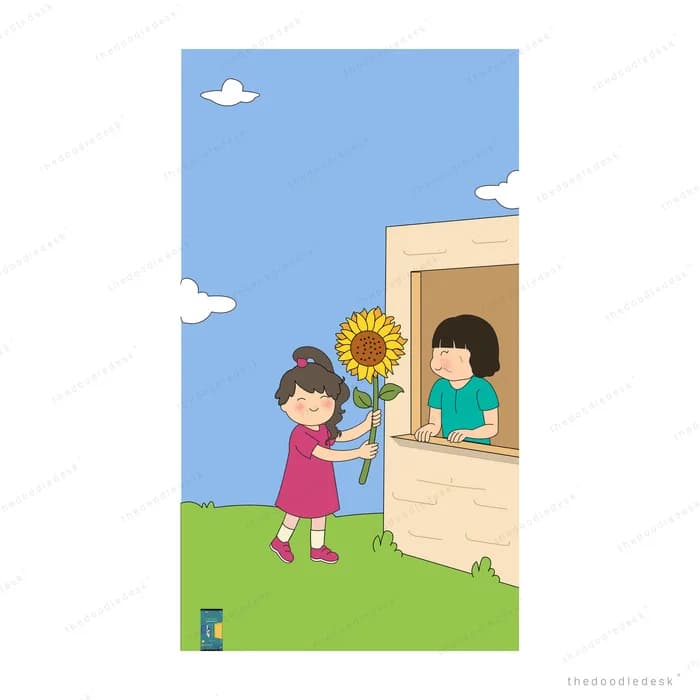 Girl handing a sunflower through a window to a boy inside