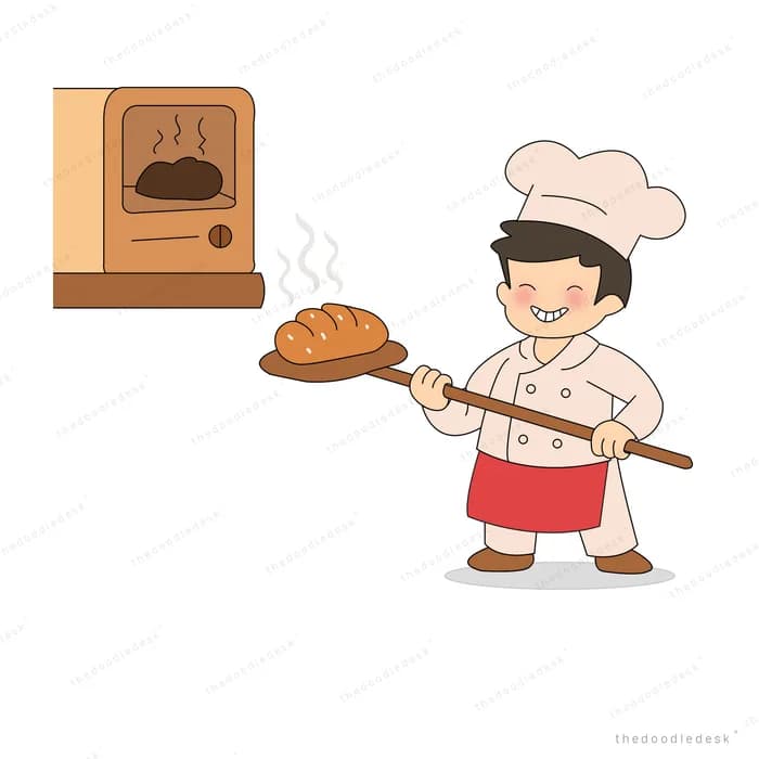 Baker in a chef hat pulling a hot loaf of bread from the oven on a peel