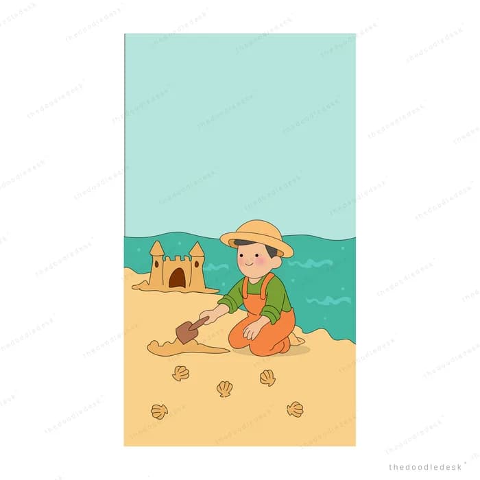 Boy in a straw hat building a sandcastle on the beach