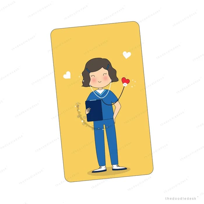 Nurse in blue scrubs with a clipboard on a yellow card panel