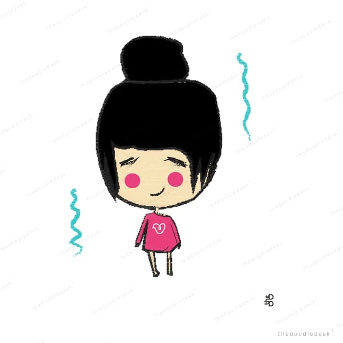 Girl in a pink dress with a topknot standing with eyes closed and sweat drops