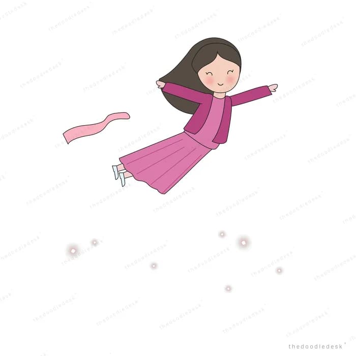 Girl in a pink dress flying with arms outstretched above scattered bubbles