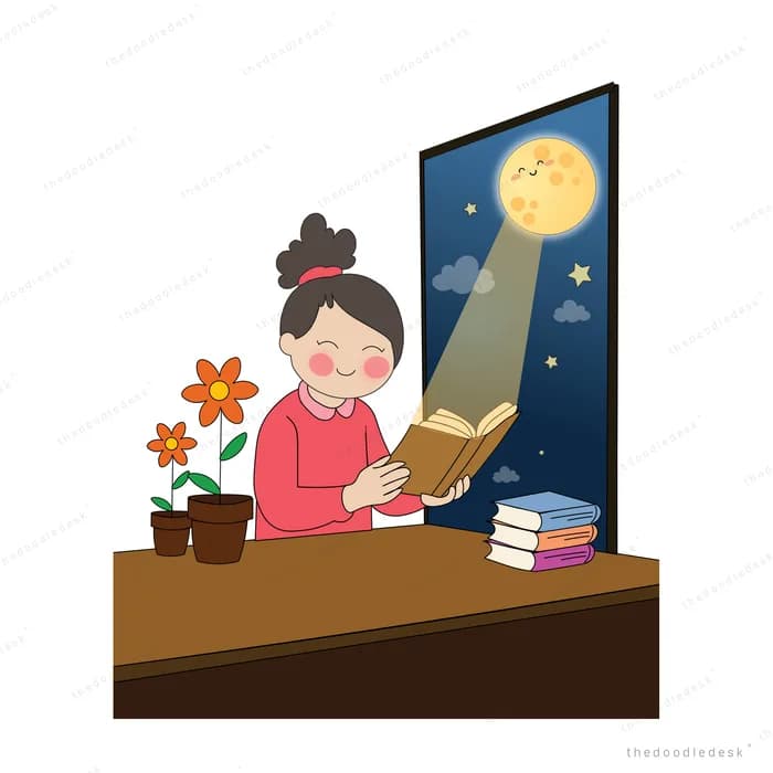 Girl reading a book at a desk before a night sky board with potted flowers and books