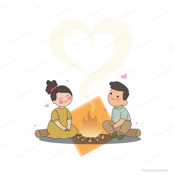 Couple sitting at a campfire whose smoke curls into a heart
