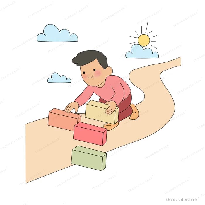 Man kneeling on a path laying coloured bricks to extend the road